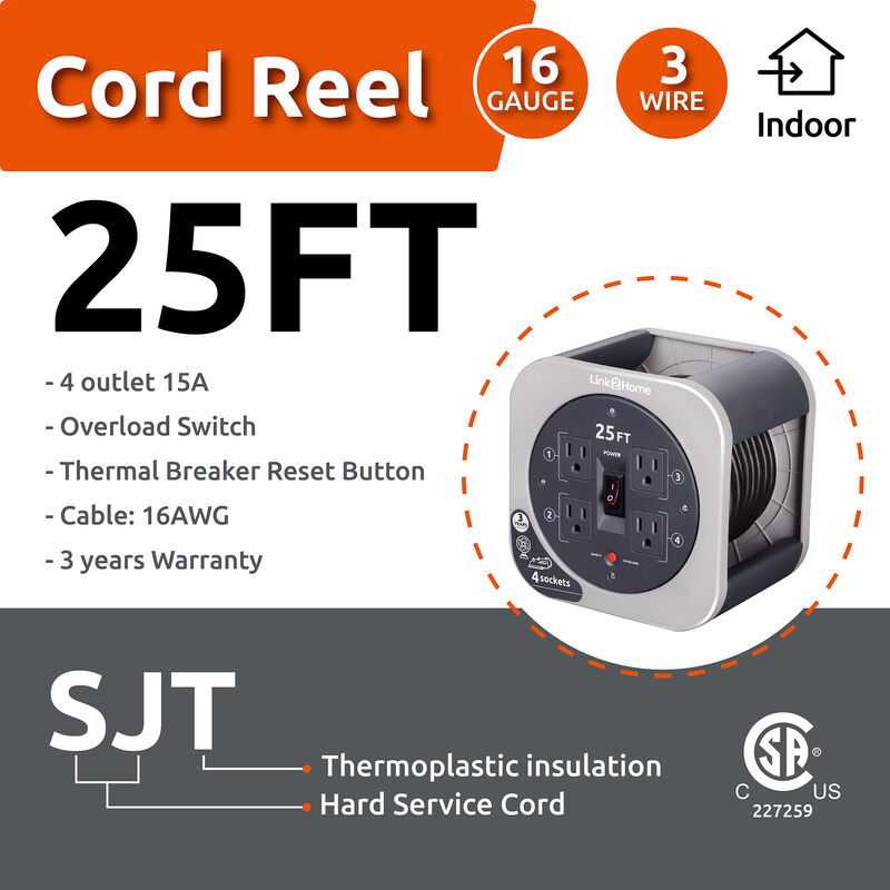 Link2Home Cord Reel 25' Extension Cord with 4 Power Outlets, Gray, 2-Pack image number 5