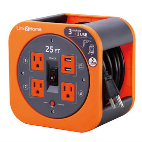 Link2Home Cord Reel 25' Extension Cord with 3 Power Outlets and 2 USB Ports
