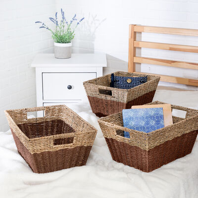 Honey Can Do Rectangle Nesting Seagrass 2-Color Storage Baskets with Built-In Handles – Natural/Brown, Set of 3