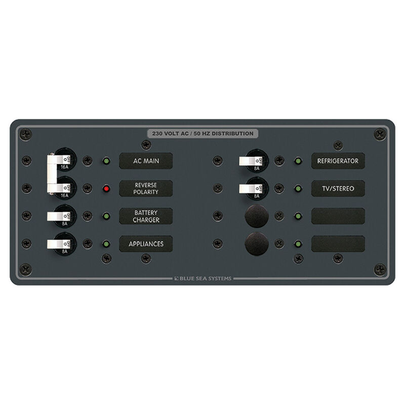 Blue Sea 230V AC Main + 6 Position Circuit Breaker Panel, Model 8512 image number 1
