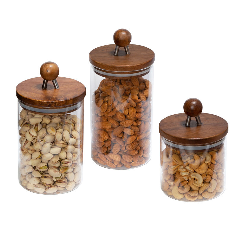 Honey Can Do Acacia-Top Glass Kitchen Canister Set, 3-Pc. image number 1