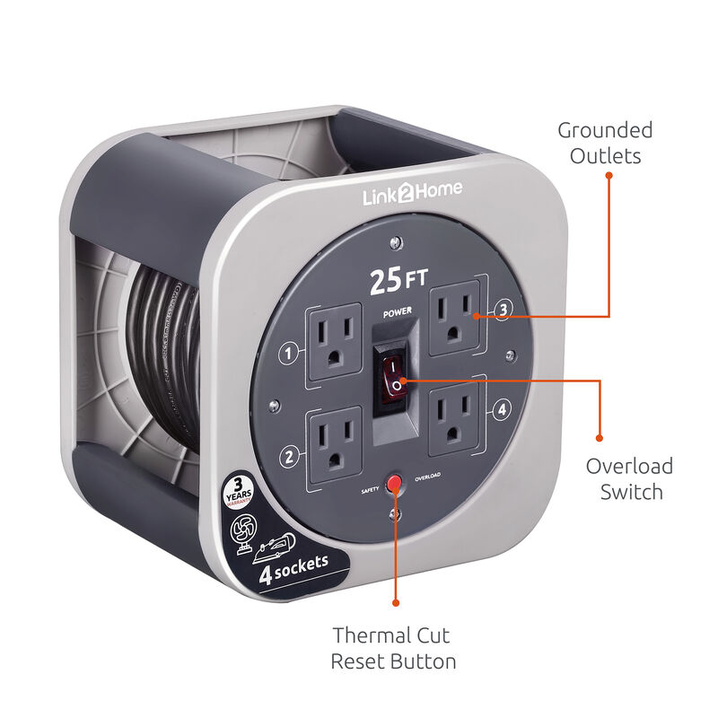 Link2Home Cord Reel 25' Extension Cord with 4 Power Outlets, Gray, 2-Pack image number 2