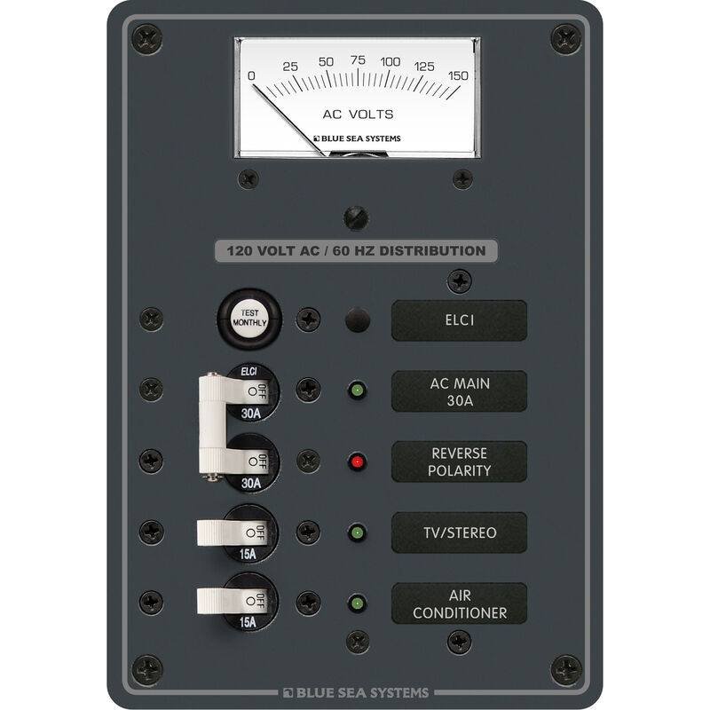 Blue Sea Systems AC Panel, ELCI Main 30A Double Pole + 2 Positions w/Voltmeter image number 1