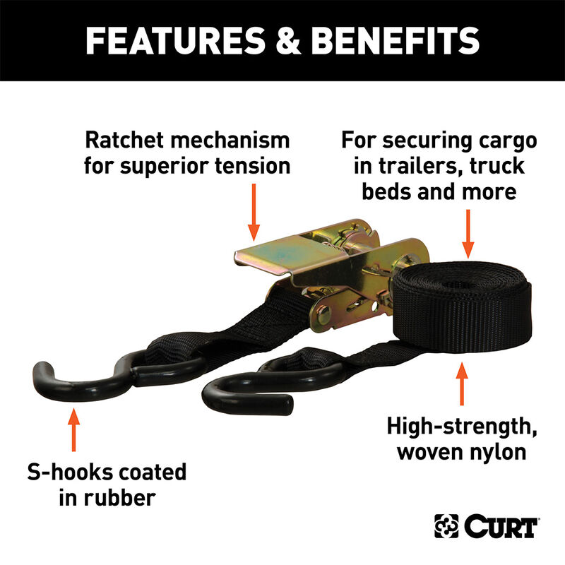 CURT 10' Black Cargo Straps with S-Hooks, 500 lbs., 2-Pack image number 4