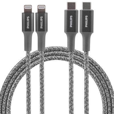 Philips 3' USB-C to Lightning Cable, Gray, 2-Pack