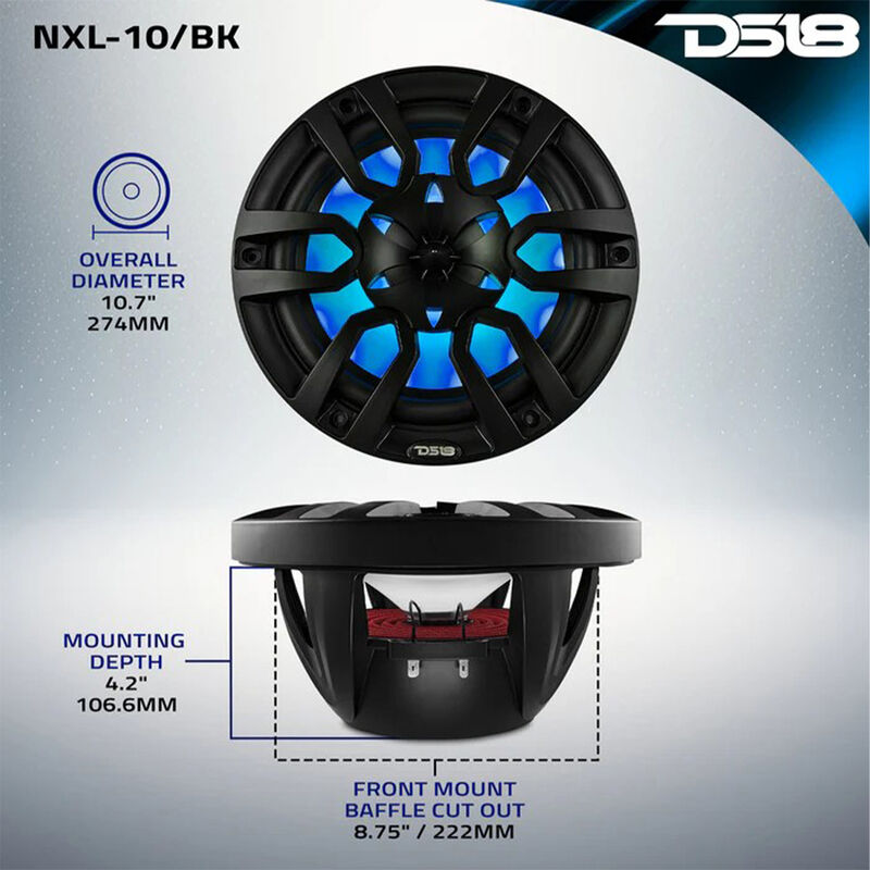 DS18 NXL-10 10" Two-Way Coaxial Marine Speakers with RGB LED Lights, Pair image number 5