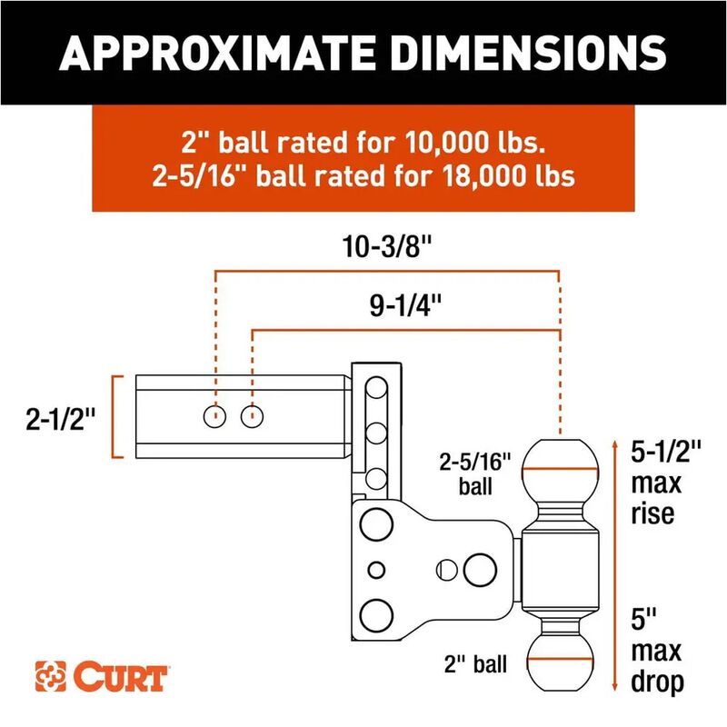CURT StowPro Adjustable Ball Mount, 5 in Drop, 2-1/2 in Shank, Dual Ball #45971 image number 6