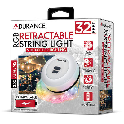 Adurance 32' Retractable Rechargeable RGB String Light, Multi-Color