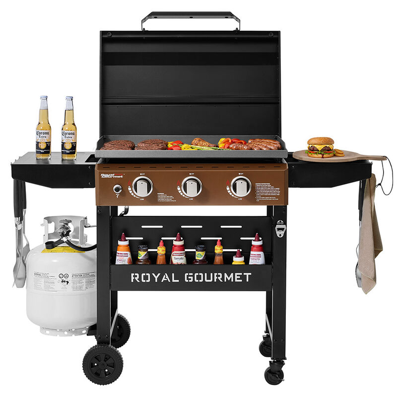 Royal Gourmet 3-Burner Gas Griddle w/ Hood & Shelves - GB3000PY