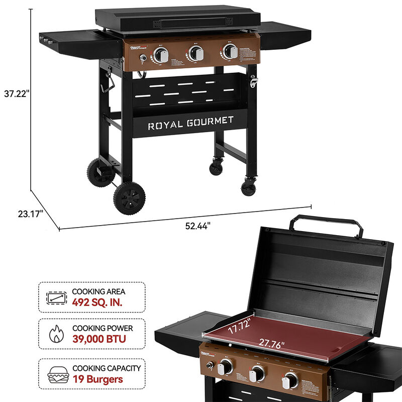 Royal Gourmet 3-Burner Gas Griddle w/ Hood & Shelves - GB3000PY image number 9