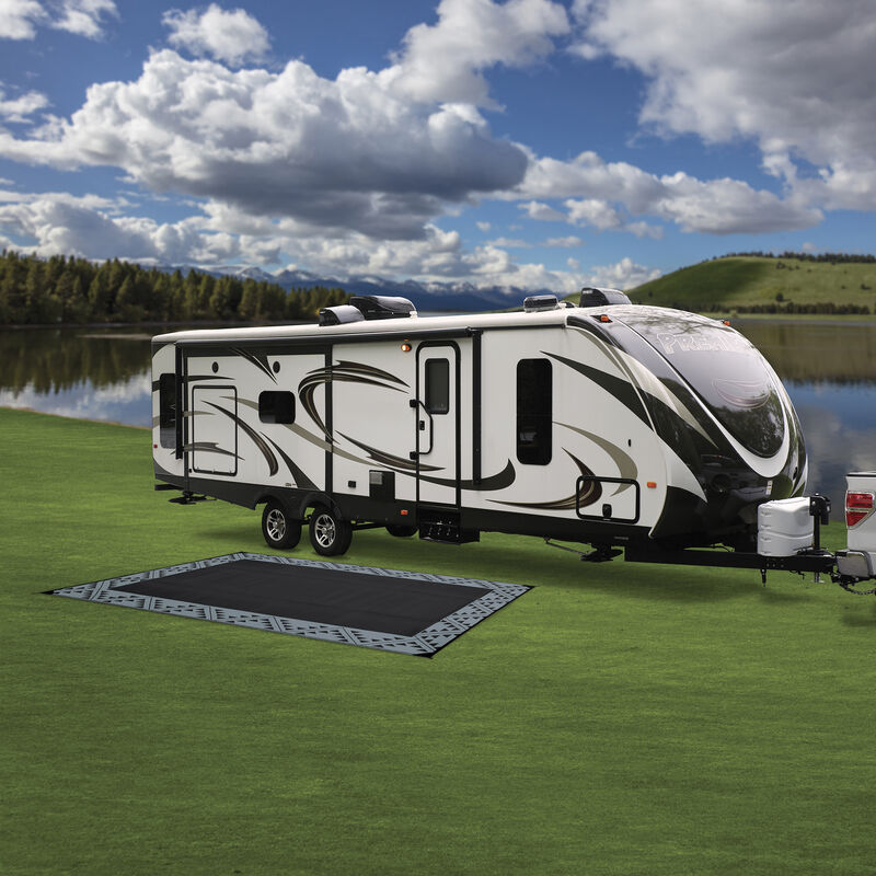 Reversible RV Patio Mat with Aztec Border Design, 8' x 11', Black/Gray image number 8