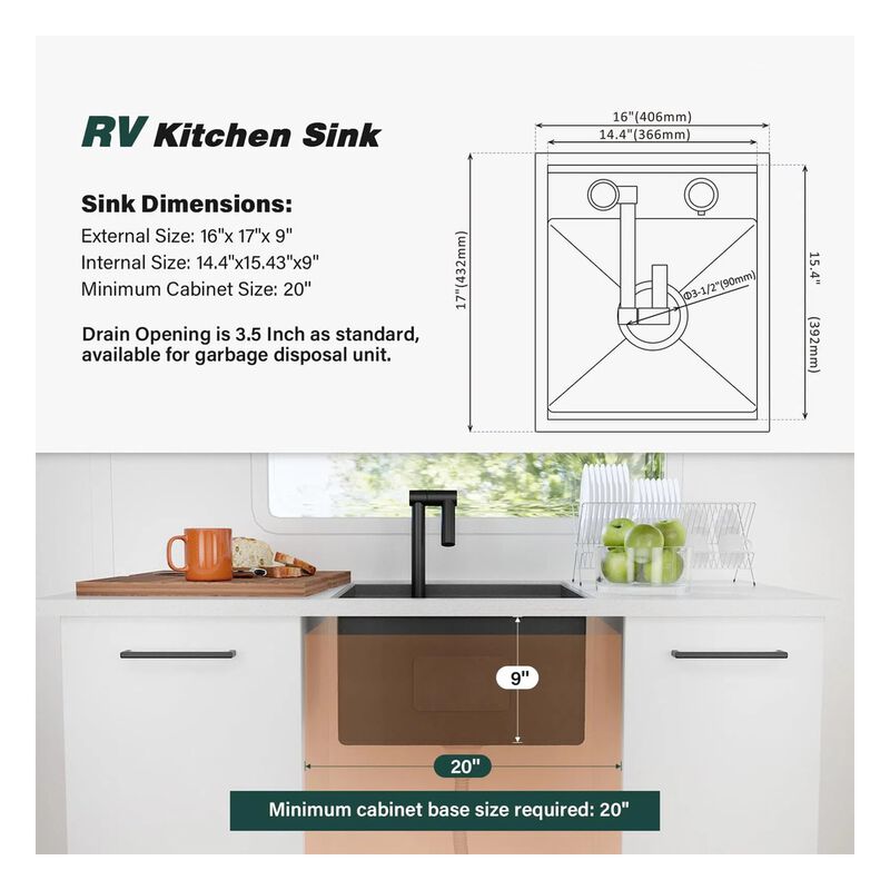 WELLFE RV Kitchen Undermount Bar Sink (16 x 17 x 9 in, 16 Gauge) image number 2