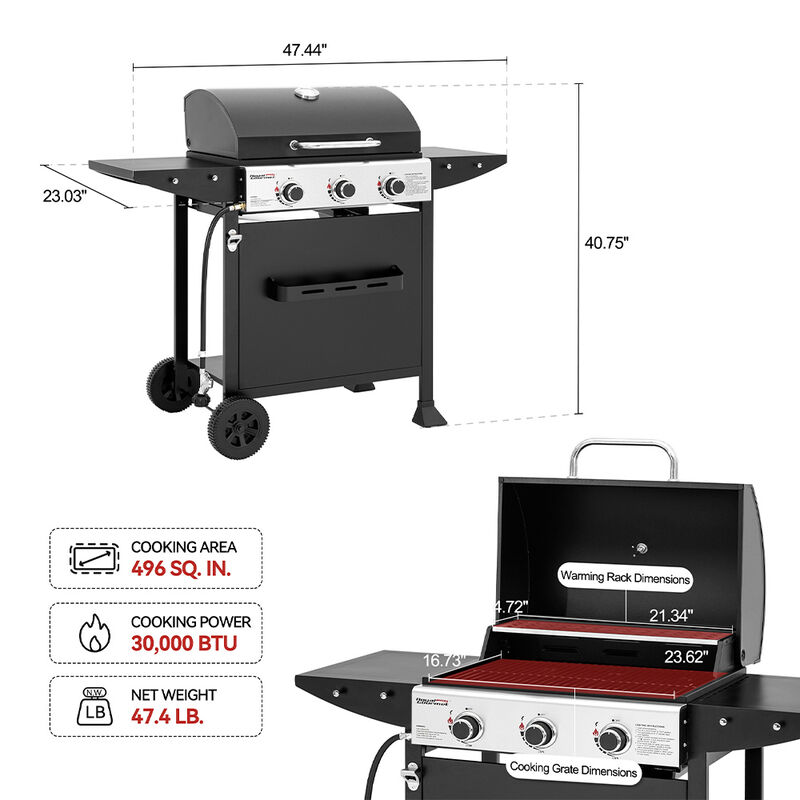 Royal Gourmet 3-Burner Propane Grill w/ Side Shelves & Rack image number 9