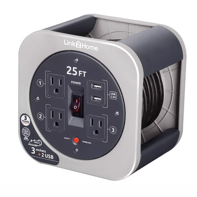 Link2Home Cord Reel 25' Extension Cord with 3 Power Outlets and 2 USB Ports, Gray