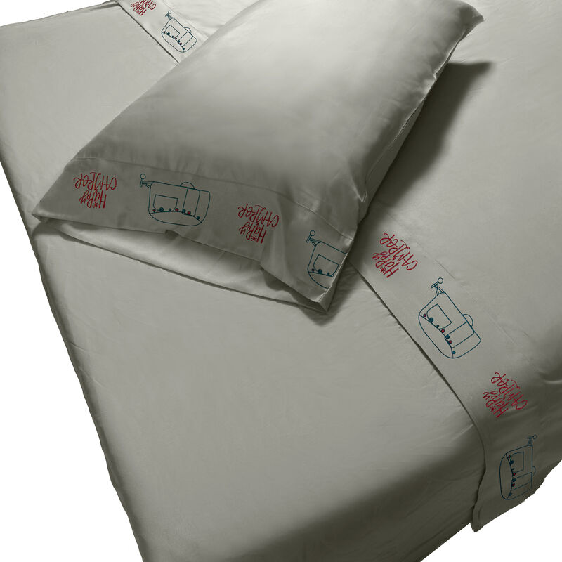 Microfiber Embroidered Sheet Set Grey/Teal, Happy Camper image number 3