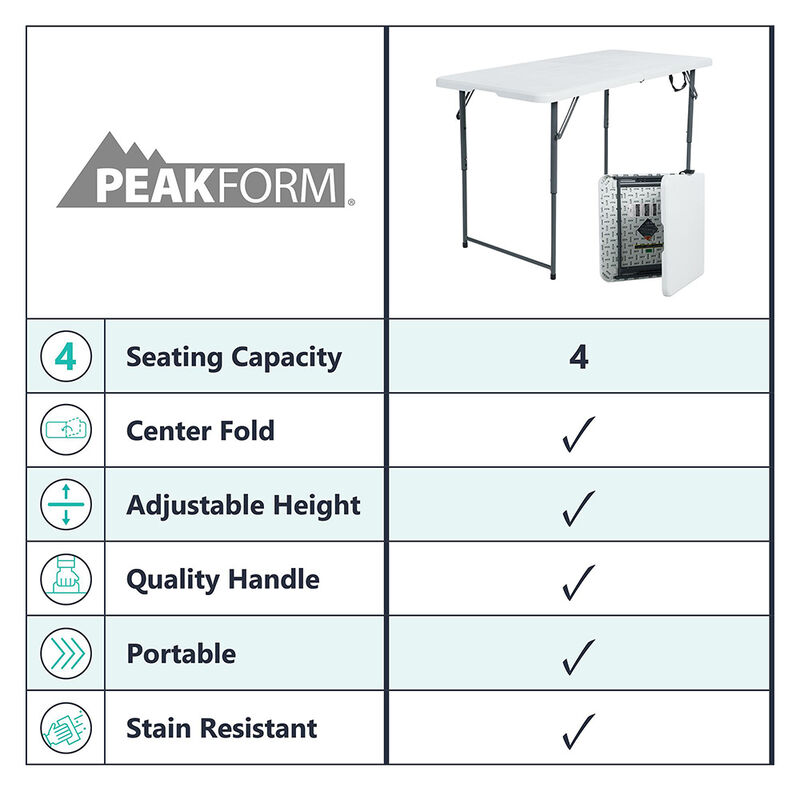 Peakform 4' Adjustable Fold-in-Half Table, White image number 9