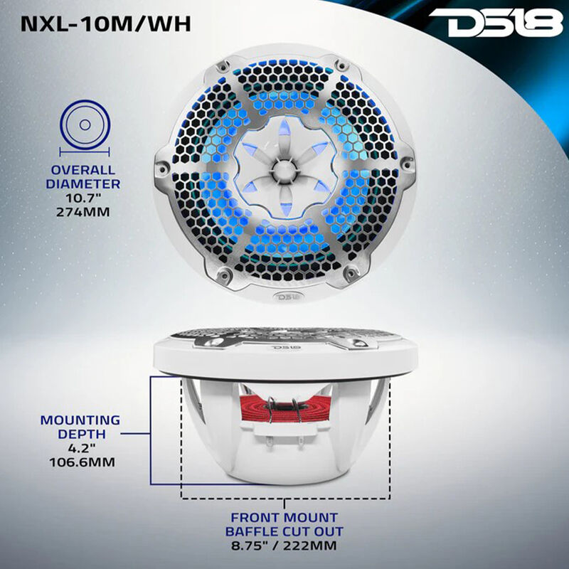 DS18 NXL-10 10" Two-Way Coaxial Marine Speakers with RGB LED Lights, Pair image number 7