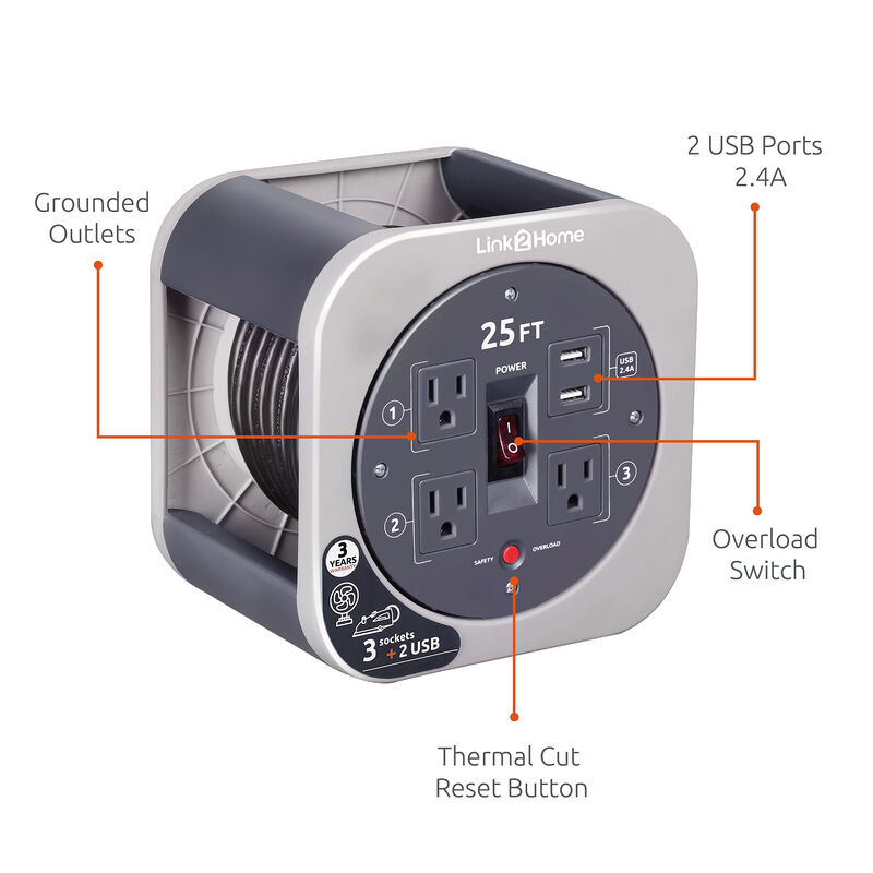 Link2Home Cord Reel 25' Extension Cord with 3 Power Outlets and 2 USB Ports, Gray image number 2