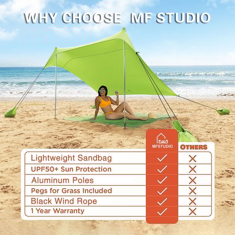 MF Studio Beach Shade 7.6' x 7.2' Sun Shelter and Portable Canopy, Green image number 5
