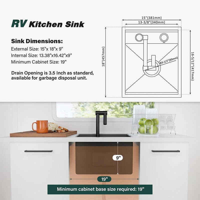 WELLFE RV 15x18x9 in. Kitchen Sink Undermount Bar Sink, 16 Gauge image number 2