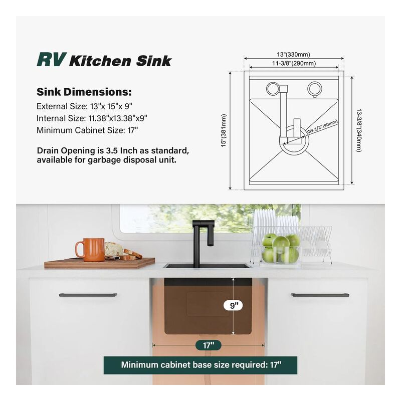 WELLFE RV Kitchen 13 x 15 x 9 in Undermount Bar Sink image number 2