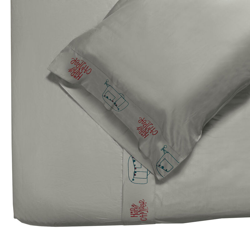 Microfiber Embroidered Sheet Set Grey/Teal, Happy Camper image number 5