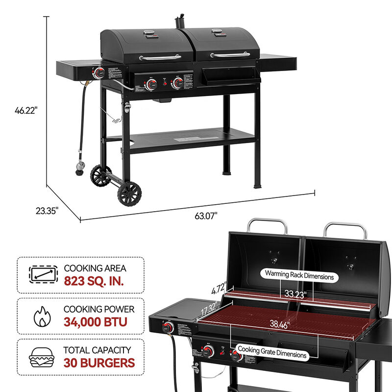 Royal Gourmet ZH3005 2-Burner Gas + Charcoal Combo Grill with Side Burner image number 14
