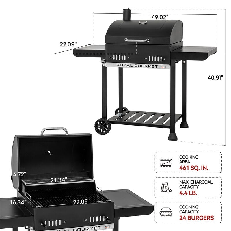 Royal Gourmet 24" Movable Charcoal Grill w/ Foldable Side Shelves image number 9