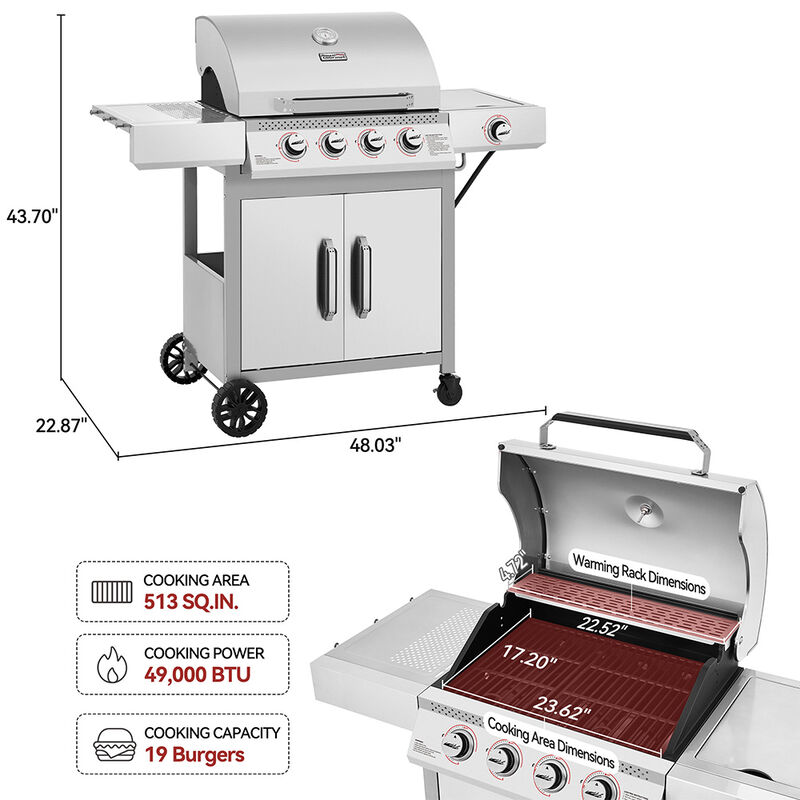 Royal Gourmet GE4001S 4-Burner Gas Grill w/Side Burner + Side Shelves image number 2