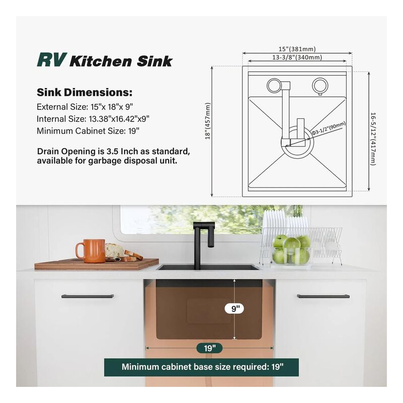 WELLFE RV 15x18x9 in. Kitchen Sink Undermount Bar Sink, 16 Gauge image number 2