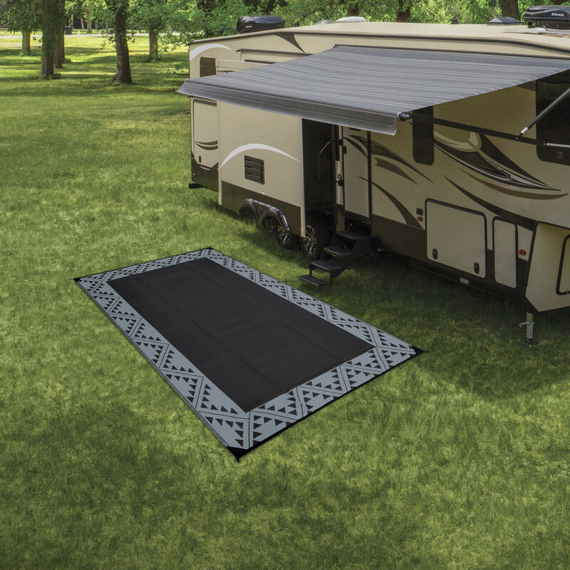 Reversible RV Patio Mat with Aztec Border Design, 8' x 11', Black/Gray image number 7