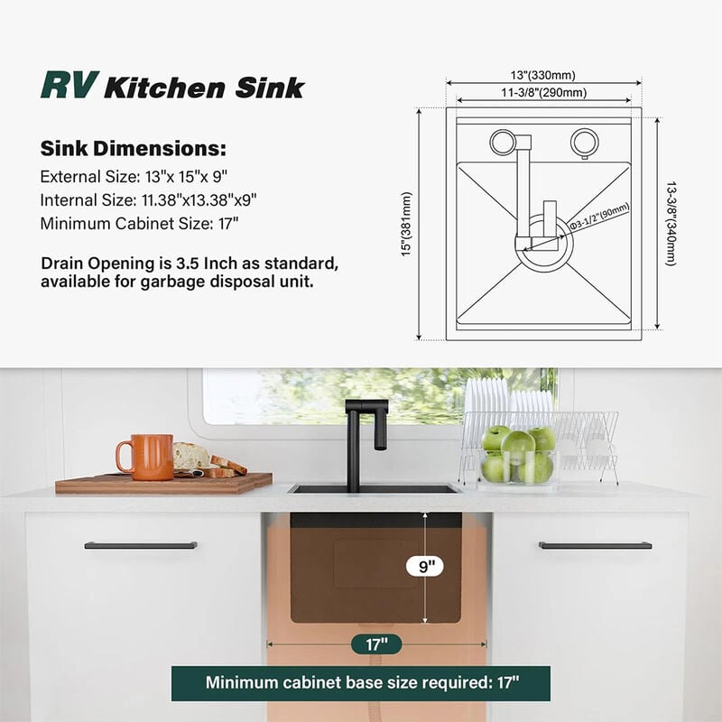 WELLFE RV Kitchen 13 x 15 x 9 in Undermount Bar Sink image number 2