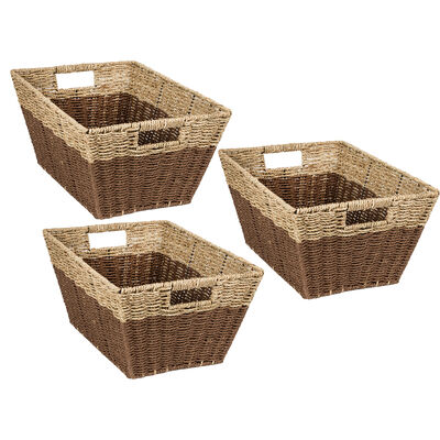 Honey Can Do Rectangle Nesting Seagrass 2-Color Storage Baskets with Built-In Handles – Natural/Brown, Set of 3