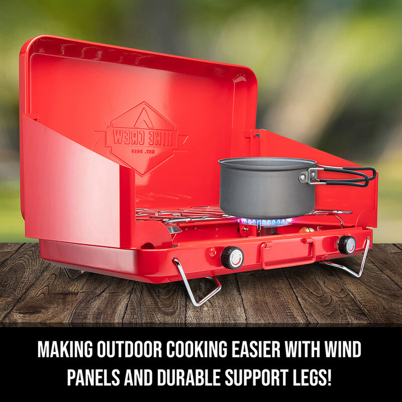 Portable Dual Propane Burner Camping Stove with Built-In Carrying Handle, Foldable Legs, and Wind Panels image number 5