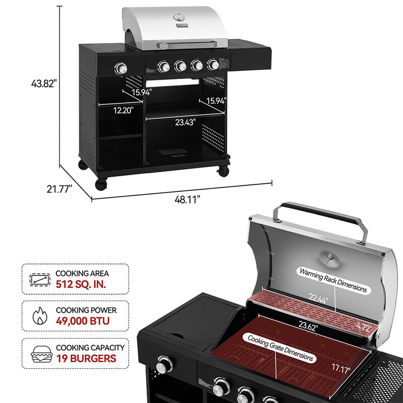 Royal Gourmet OK4003T 4-Burner Gas Grill w/Side Burner & Knife Rack image number 10