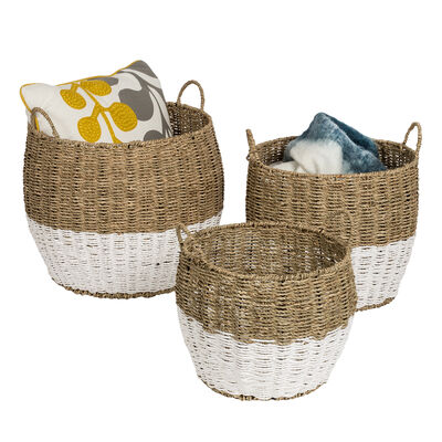 Honey Can Do Round Nesting Seagrass 2-Color Storage Baskets with Handles – Natural/White, Set of 3