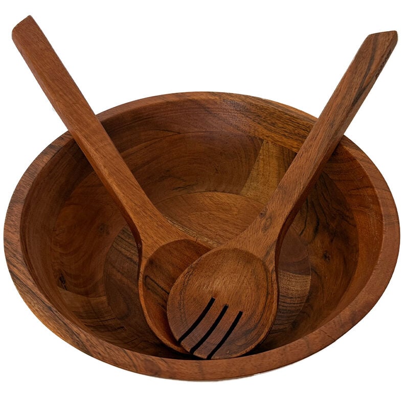 Art and Cook Acacia Wood 9 Inch Salad Bowl with 2 Salad Servers 