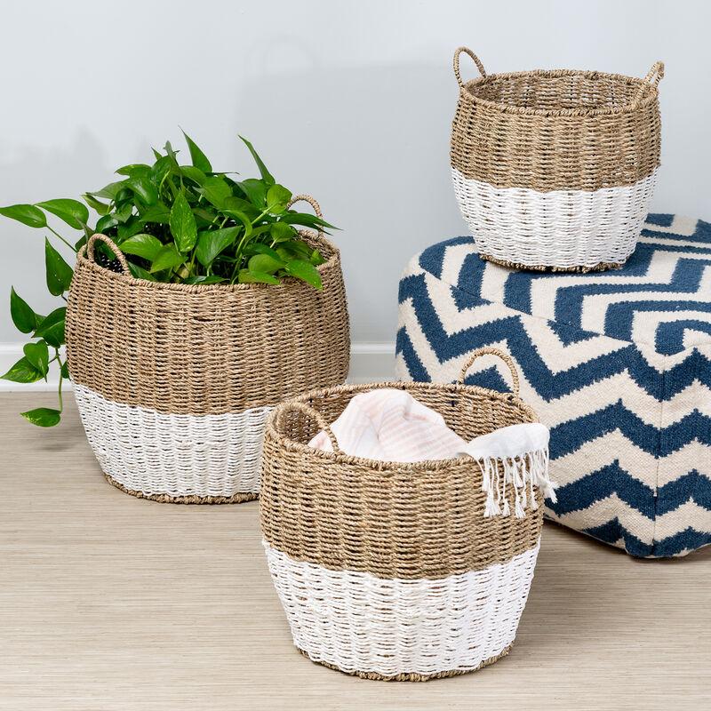 Honey Can Do Round Nesting Seagrass 2-Color Storage Baskets with Handles – Natural/White, Set of 3 image number 2