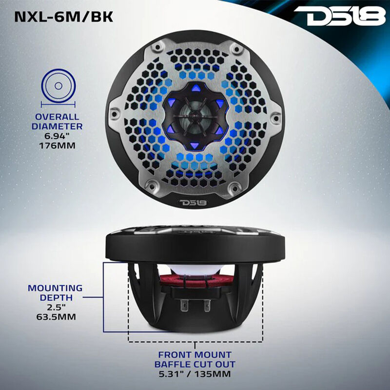 DS18 NXL-6M 6.5" Two-Way Coaxial Marine Speakers with RGB LED Lights, Pair image number 7