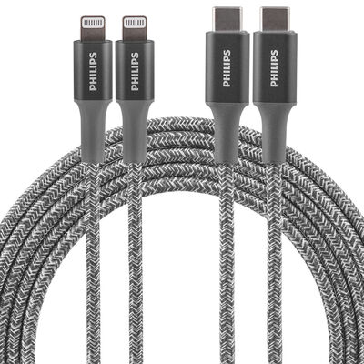Philips 6' USB-C to Lightning Cable, Gray, 2-Pack