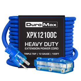 DuroMax 100FT 12G Heavy Duty Triple Tap Blue Light Extension Cord