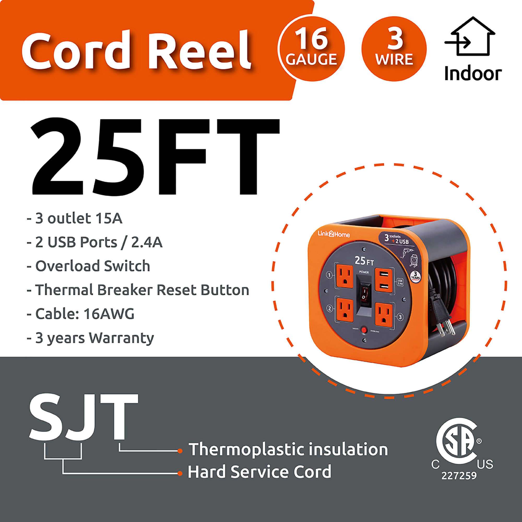 Link2Home 25' Cord Reel with Outlets & USB Ports