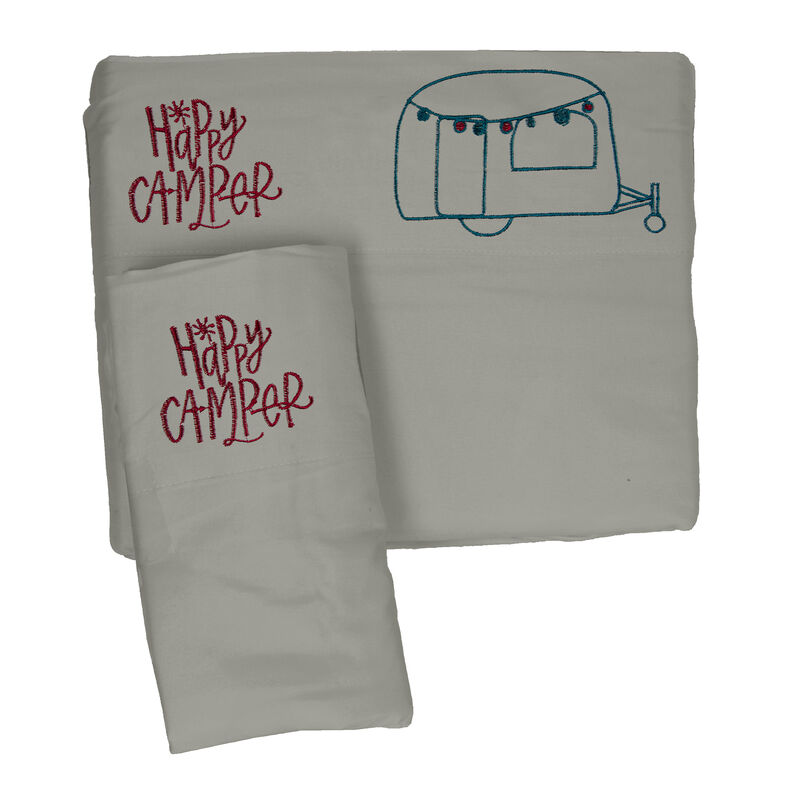 Microfiber Embroidered Sheet Set Grey/Teal, Happy Camper image number 1