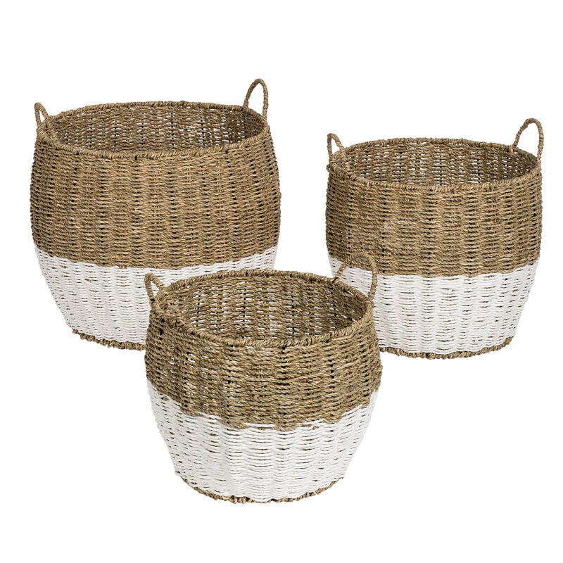 Honey Can Do Round Nesting Seagrass 2-Color Storage Baskets with Handles – Natural/White, Set of 3 image number 3