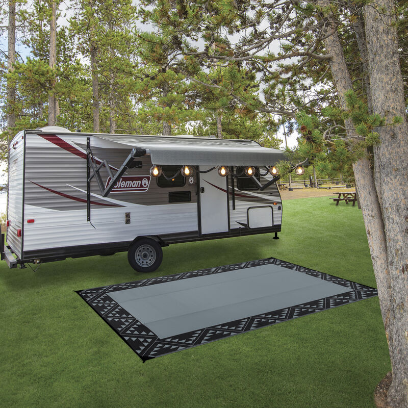 Reversible RV Patio Mat with Aztec Border Design, 8' x 11', Black/Gray image number 3