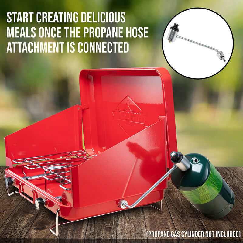 Portable Dual Propane Burner Camping Stove with Built-In Carrying Handle, Foldable Legs, and Wind Panels image number 6