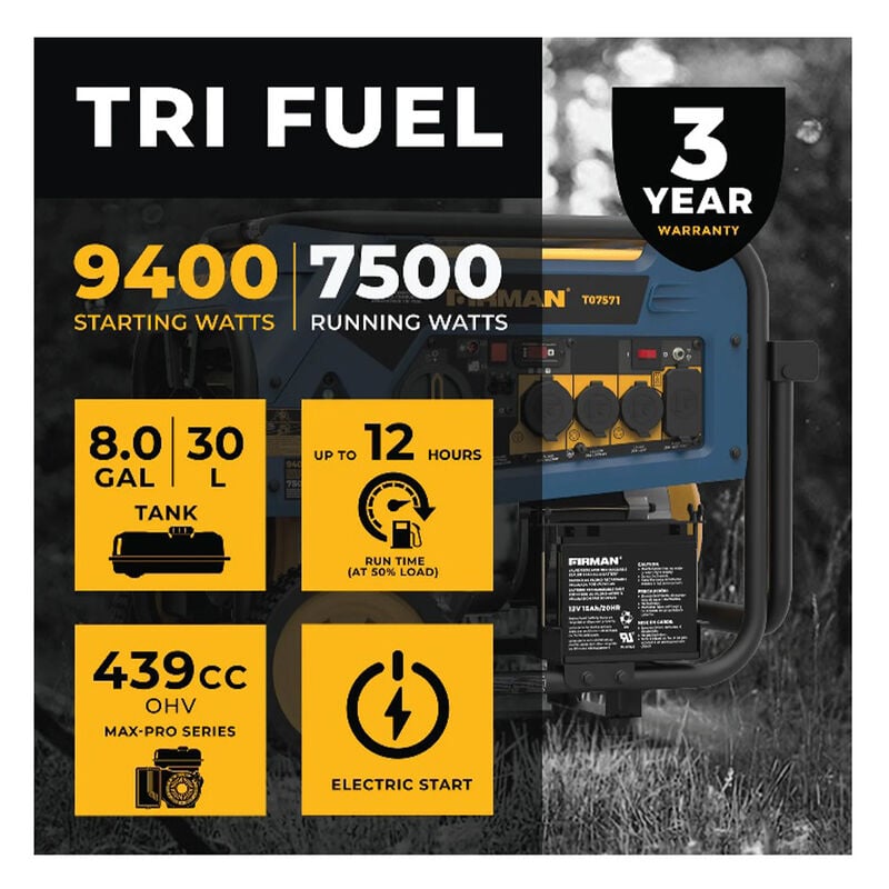 Firman Tri-Fuel 7500W Portable Generator Electric Start - 120/240V image number 4