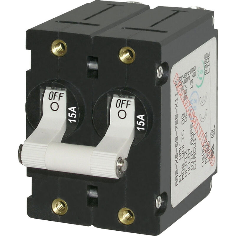 Blue Sea AC Circuit Breaker A-Series Toggle Switch, Double Pole, 15A, White image number 1