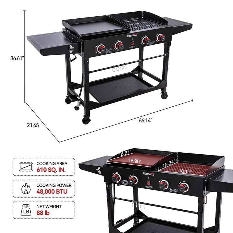 Royal Gourmet 4-Burner Gas Grill & Griddle Combo with Folding Legs, 48,000 BTUs image number 17