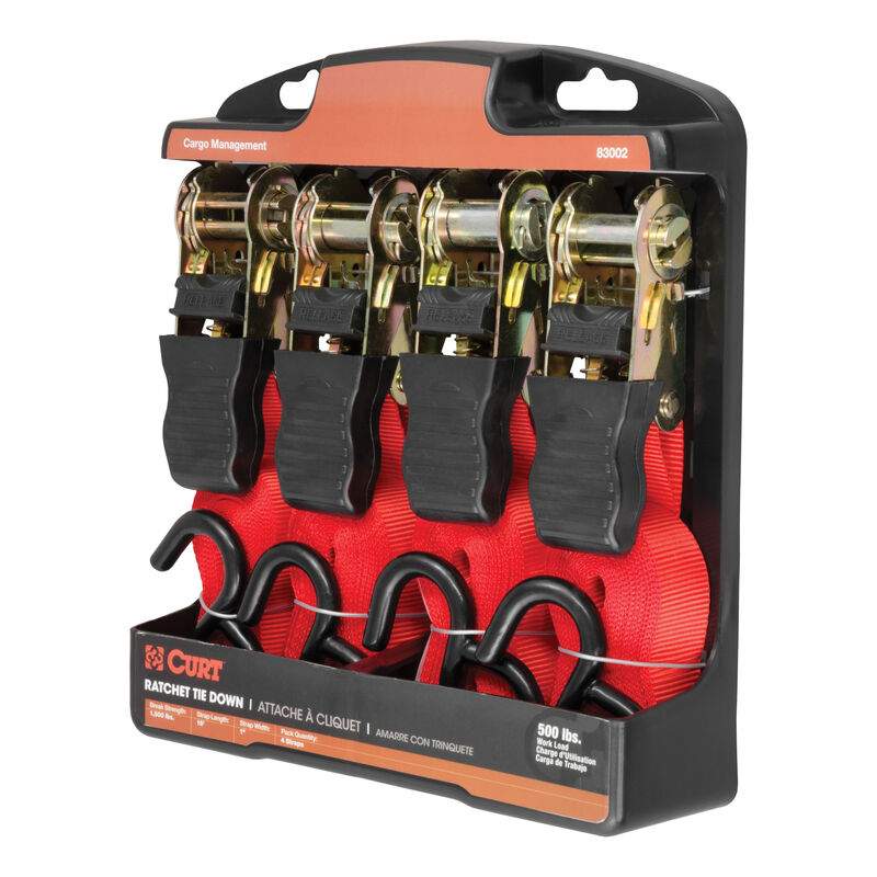 CURT 16' Red Cargo Straps with S-Hooks, 500 lbs., 4-Pack image number 2